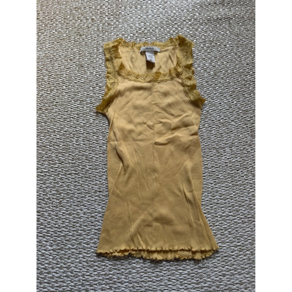 Merona Womens Mustard Yellow Ribbed Lace‎ Trim Tank Top vintage Y2K Size M